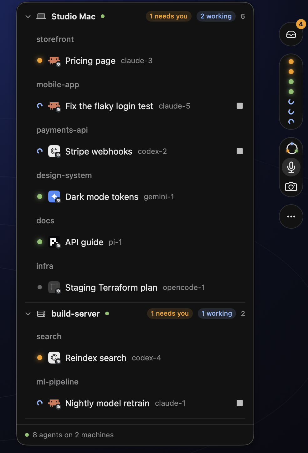 The Orbit bar on the right edge of the screen, expanded, with the agents list open beside it grouped by machine and project